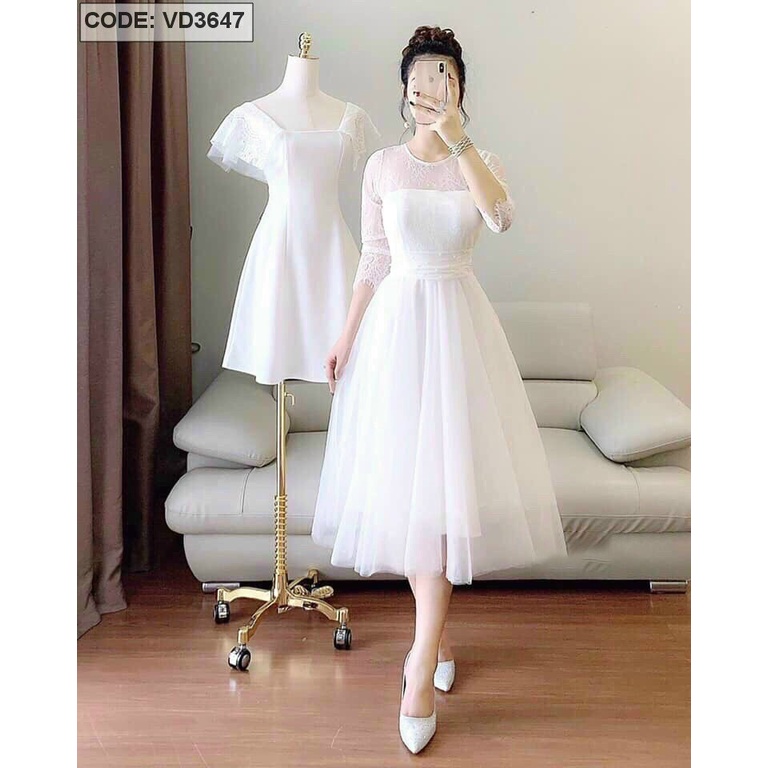 Đầm ren xoè phối tùng lưới cứng có mút ngực