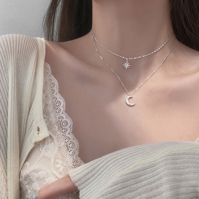Vòng cổ Hai Lớp Hình Mặt Trăng Ngôi Sao Đính Đá Zircon Phong Cách Hàn Quốc Cho Nữ