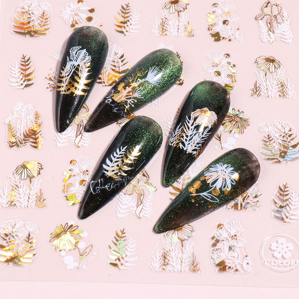 Sticker Dán Móng Nghệ Thuật Màu Holographic|Miếng Dán Trang Trí Móng Tay Họa Tiết Hoa Lá 3D Màu Trắng Độc Đáo Tiện Dụng