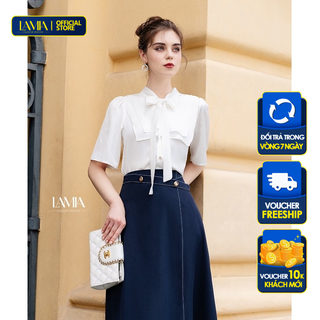 Áo sơ mi nữ hè Lamia Design LA298 tơ Hàng Châu màu trắng