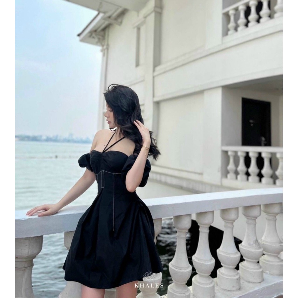 Đầm nữ thời trang mặc đi chơi chất đũi dây cột cổ tay búp trễ vai váy xoè phong cách