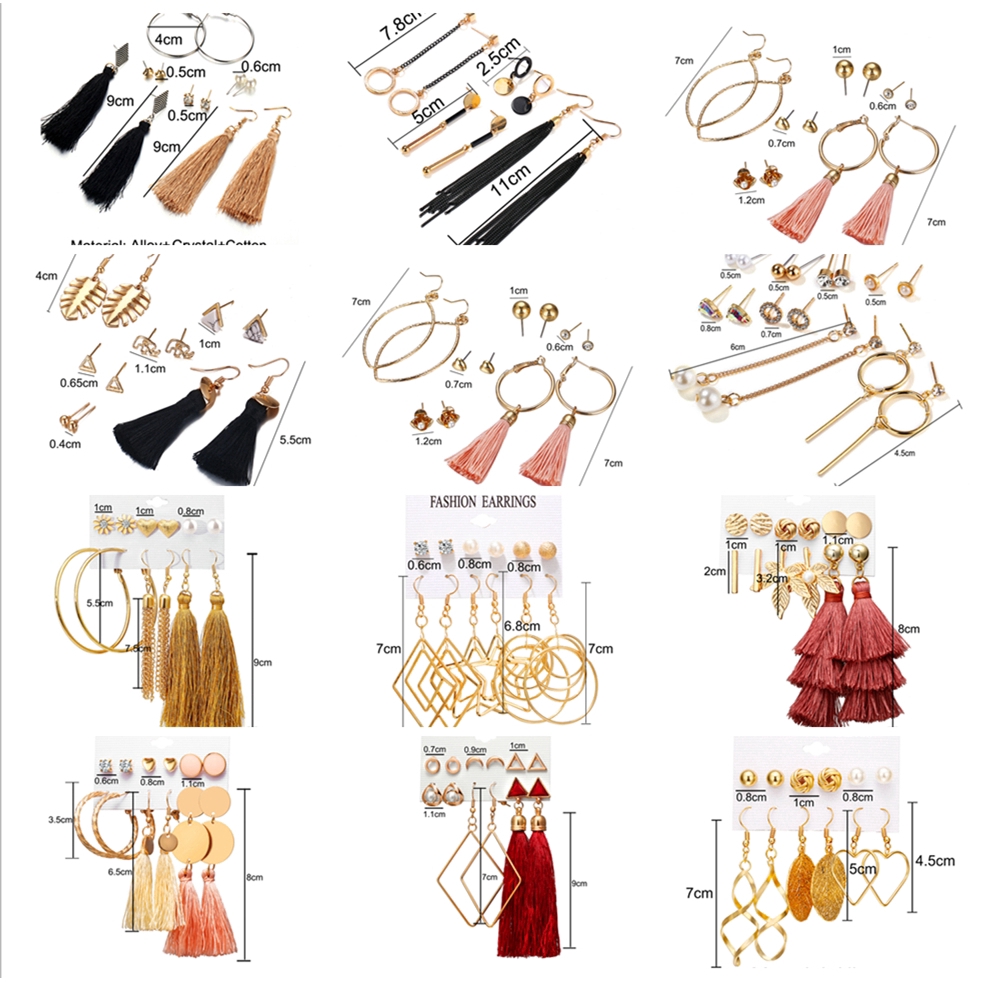 Set 6 cặp khuyên tai xỏ thiết kế tua rua kiểu dáng hình học đính đá pha lê ngọc trai phong cách retro cho nữ
