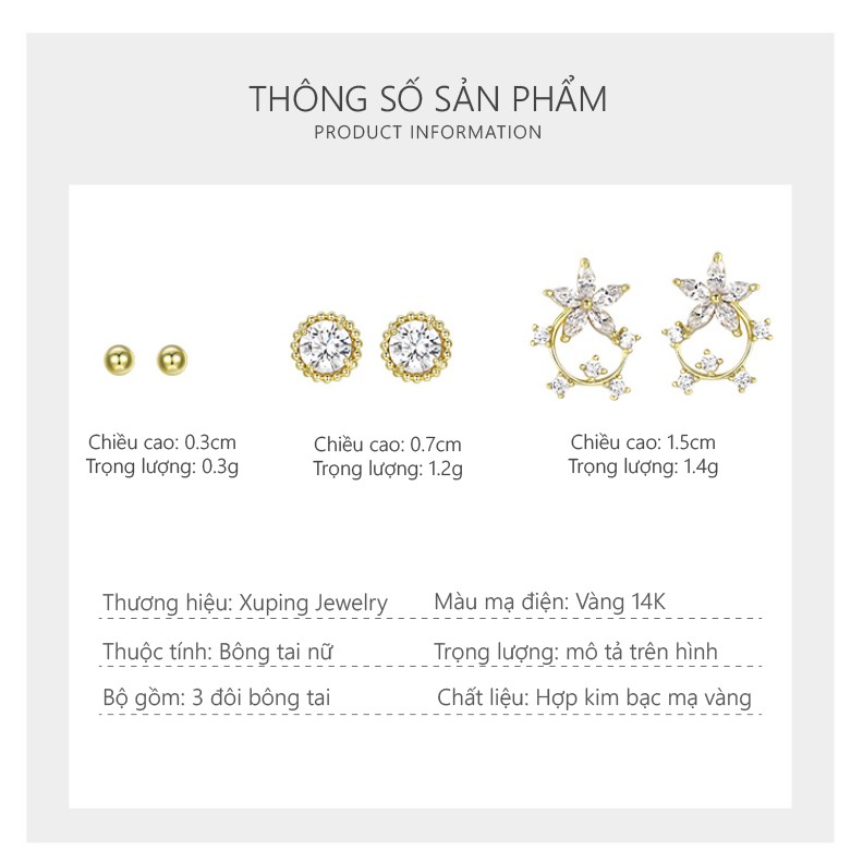 Set 3 Đôi Bông Tai Nữ Mạ Vàng 14K, Phong Cách Hàn Quốc - XPSET302