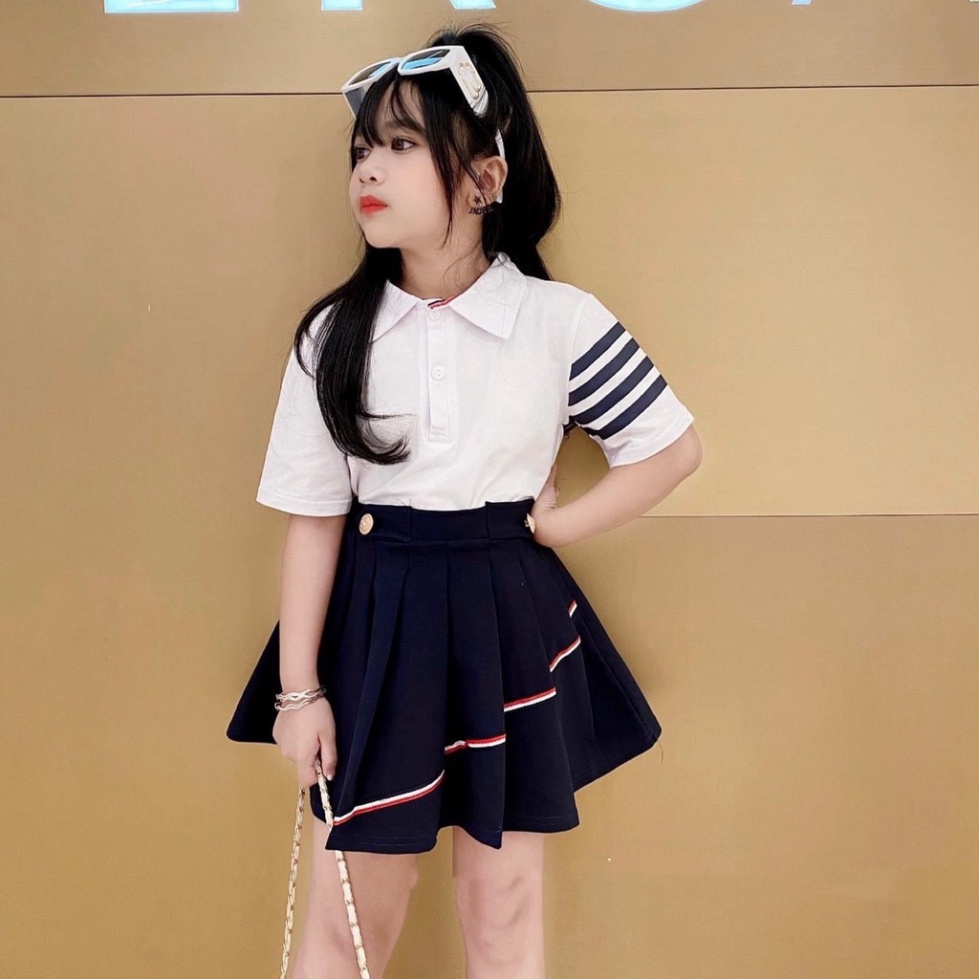 Váy đồng phục cho bé gái, Set váy đồng phục học sinh nữ SN tay 4 vạch bé size 14-35kg