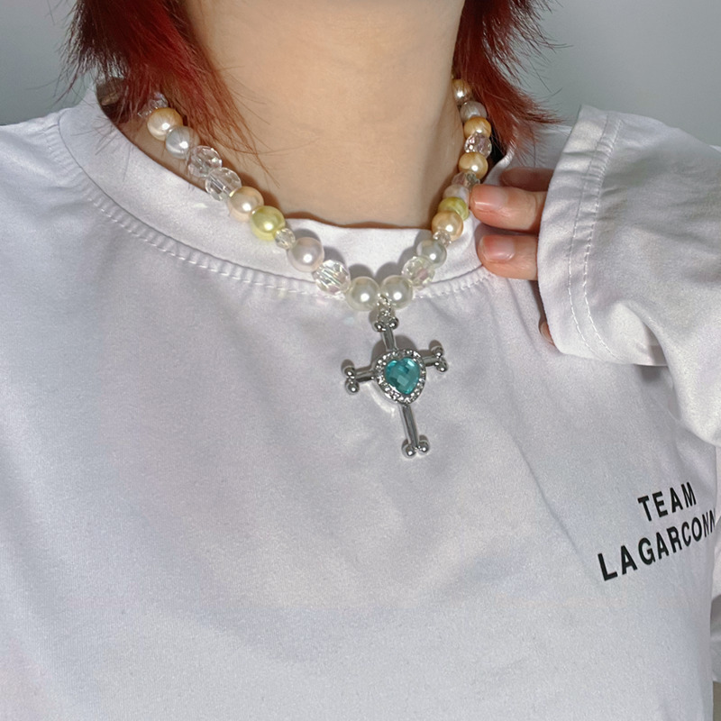 Dây chuyền 19924 chuỗi ngọc trai nhiều màu mặt thánh giá trái tim phong cách Hàn Quốc dễ phối đồ cổ điển