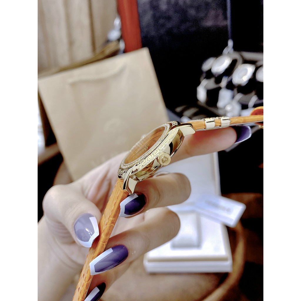 Đồng hồ nữ authentic VERSACE full box, đồng hồ dây da chính hãng, thiết kế màu cam siêu đẹp, cao cấp cho chị em phụ nữ