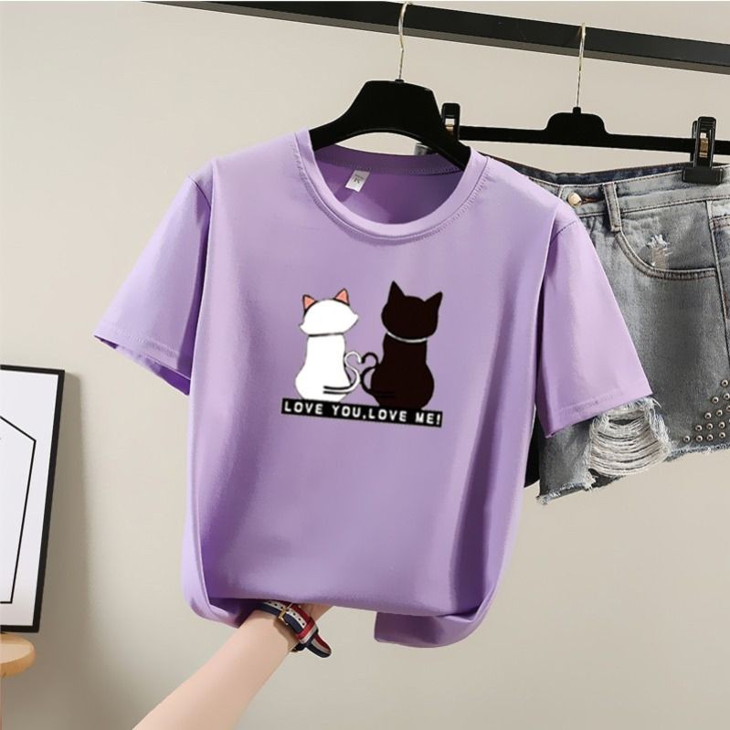 [Ảnh thật] Áo thun tay ngắn Hàn Quốc cao cấp hình mèo đôi. Áo thun unisex chất liệu vải dày mịn