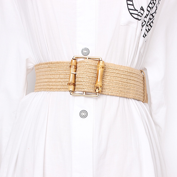 OFF WHITE Thắt Lưng Dệt Kim Tre Co Giãn Thương Hiệu Thời Trang Bohemian Dệt Kim Khóa Cài Màu Trắng Chất Lượng Cao Cho Nữ