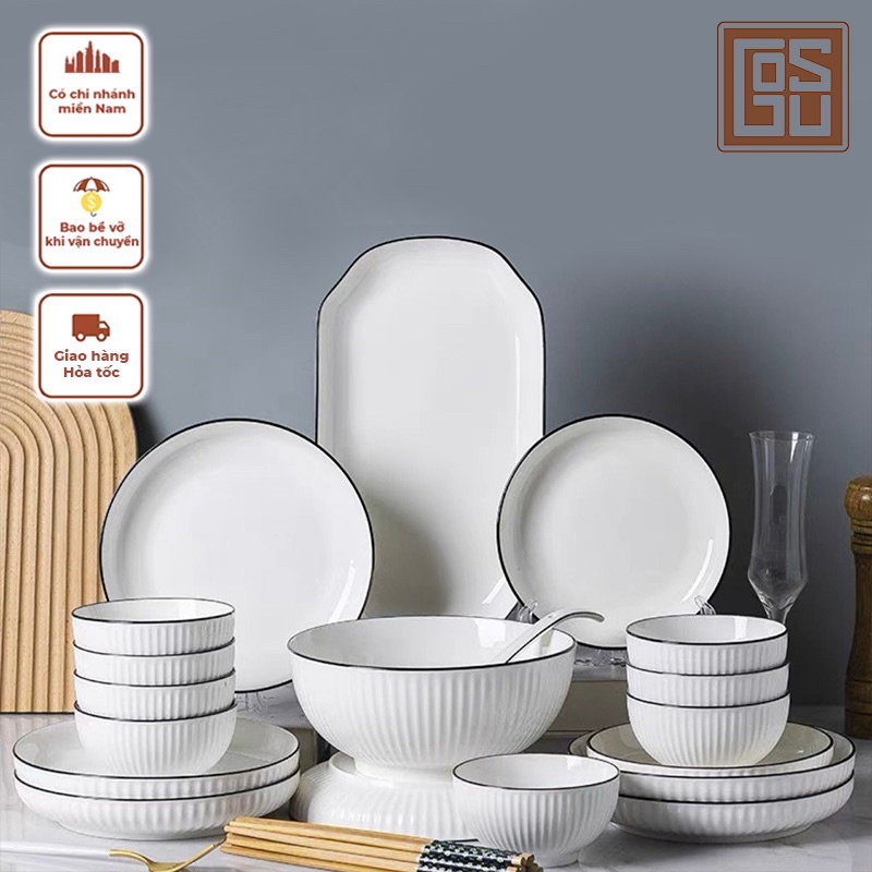 Bộ Bát Đĩa Sứ Gosu Cao Cấp Viền Đen Men Sáng Mịn Gồm 26 Chi Tiết