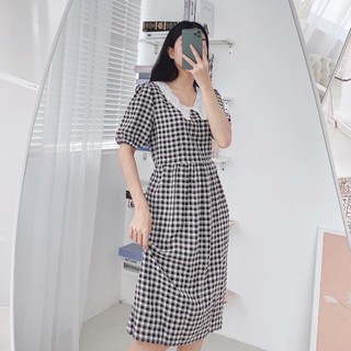 Váy babydoll kẻ cổ ren