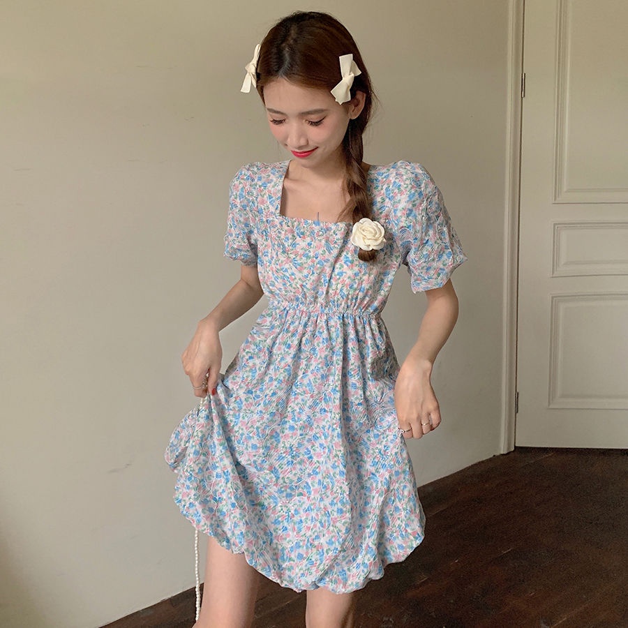 Đầm Hoa Tay Phồng Cổ Vuông Thời Trang Mùa Hè Phong Cách Mới Ngọt Ngào Dễ Thương Cho Nữ