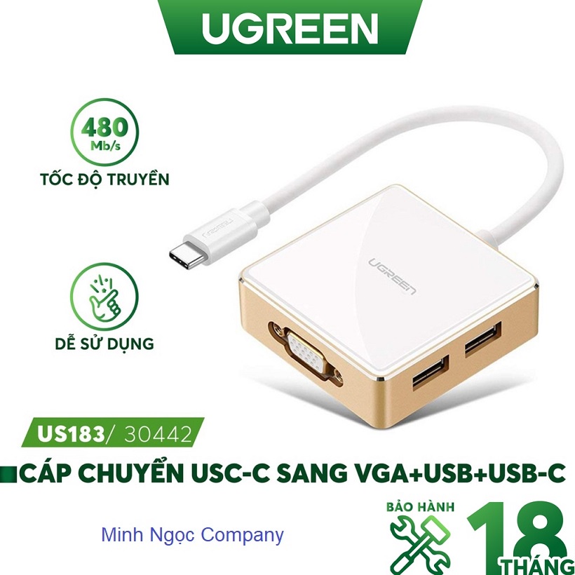 Bộ chuyển đổi USB Type C sang VGA + Hub USB 2.0 &amp; 3.0 cho Dell, Macbook chính hãng Ugreen 30442