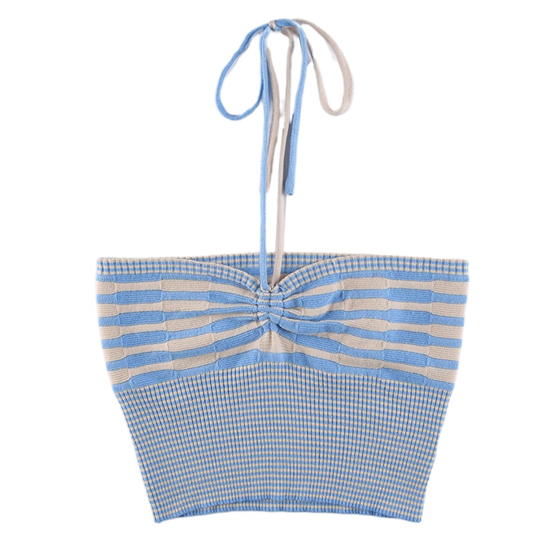 Áo Croptop Dệt Kim Trễ Vai Không Tay Họa Tiết Kẻ Sọc Mini Cổ Chữ V Gợi Cảm Cho Nữ