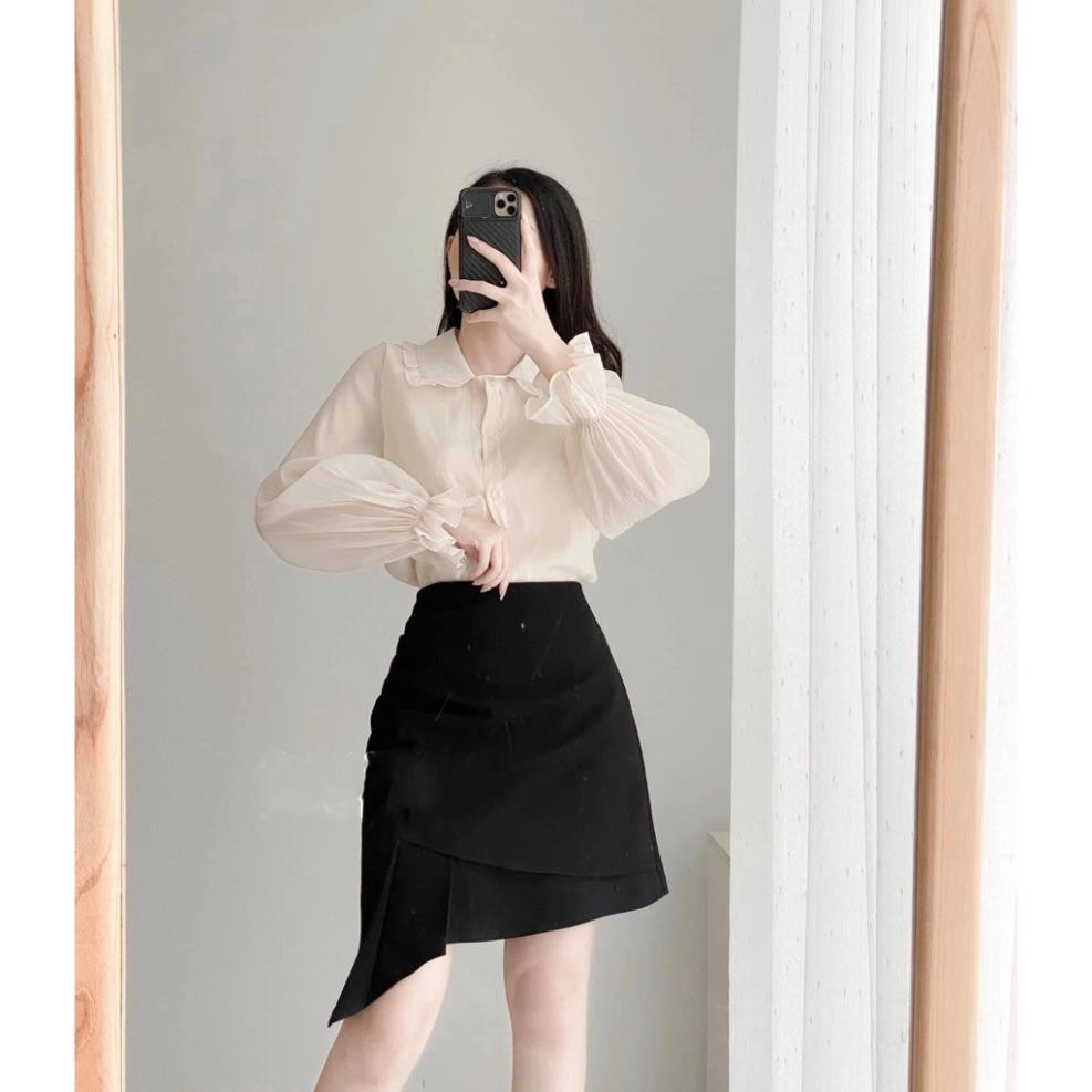 ÁO SƠ MI VOAN CỔ BÈO TAY BO NHÚN AM75