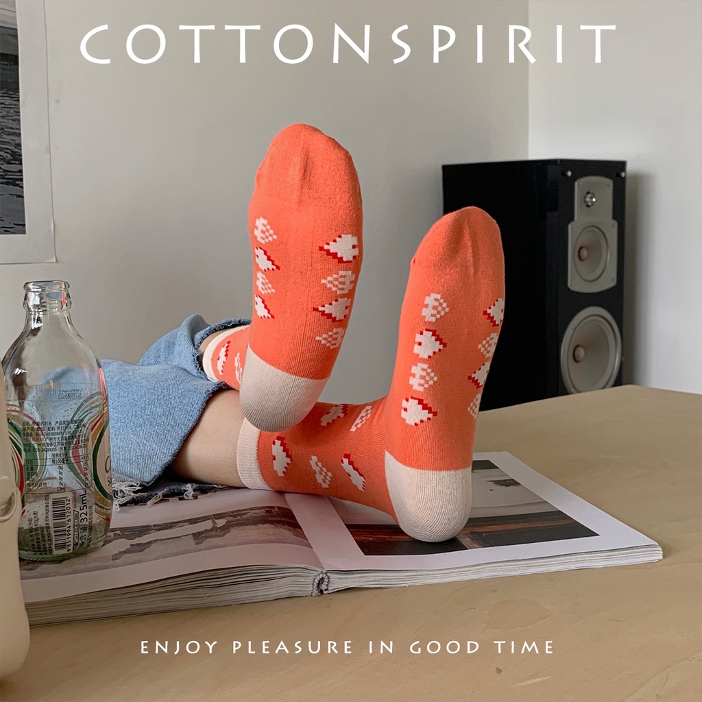 Vớ cổ cao nữ dễ thương Hàn Quốc Tất dài cao cổ Cute nữ Cotton Cao cấp In hình Trái tim