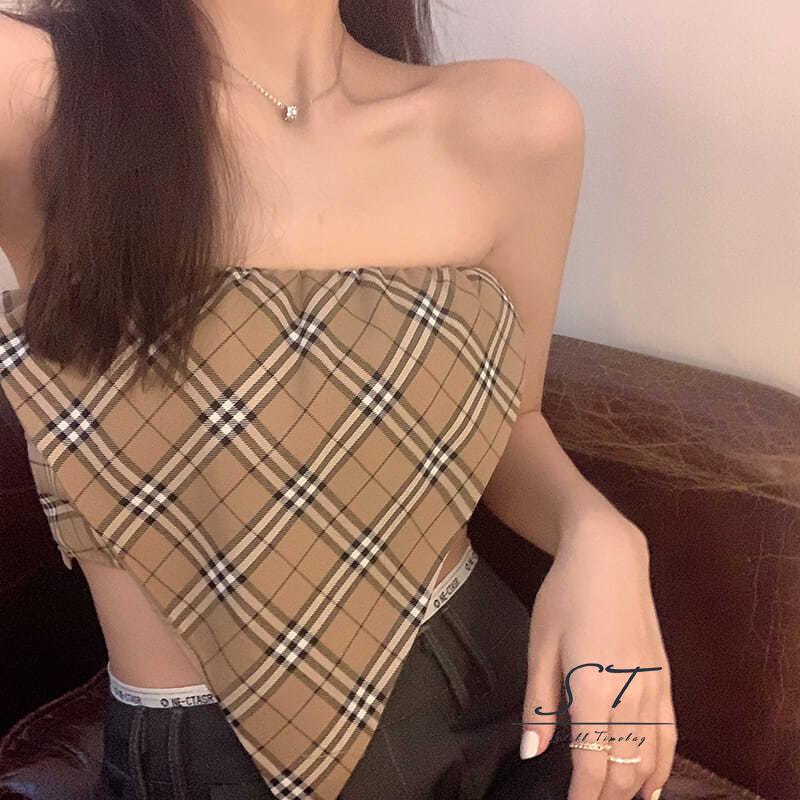 Áo Tank Top Không Tay Hở Vai In Họa Tiết Kẻ Ô CY03- Thời Trang Cho Nữ