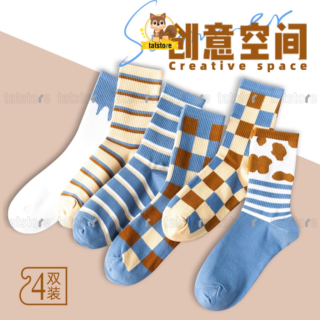 Tất cao cổ nữ Hàn Quốc  tất nữ sọc kẻ ô vuông vải cotton phong cách cá tính năng động TẤT STORE 2CCF13