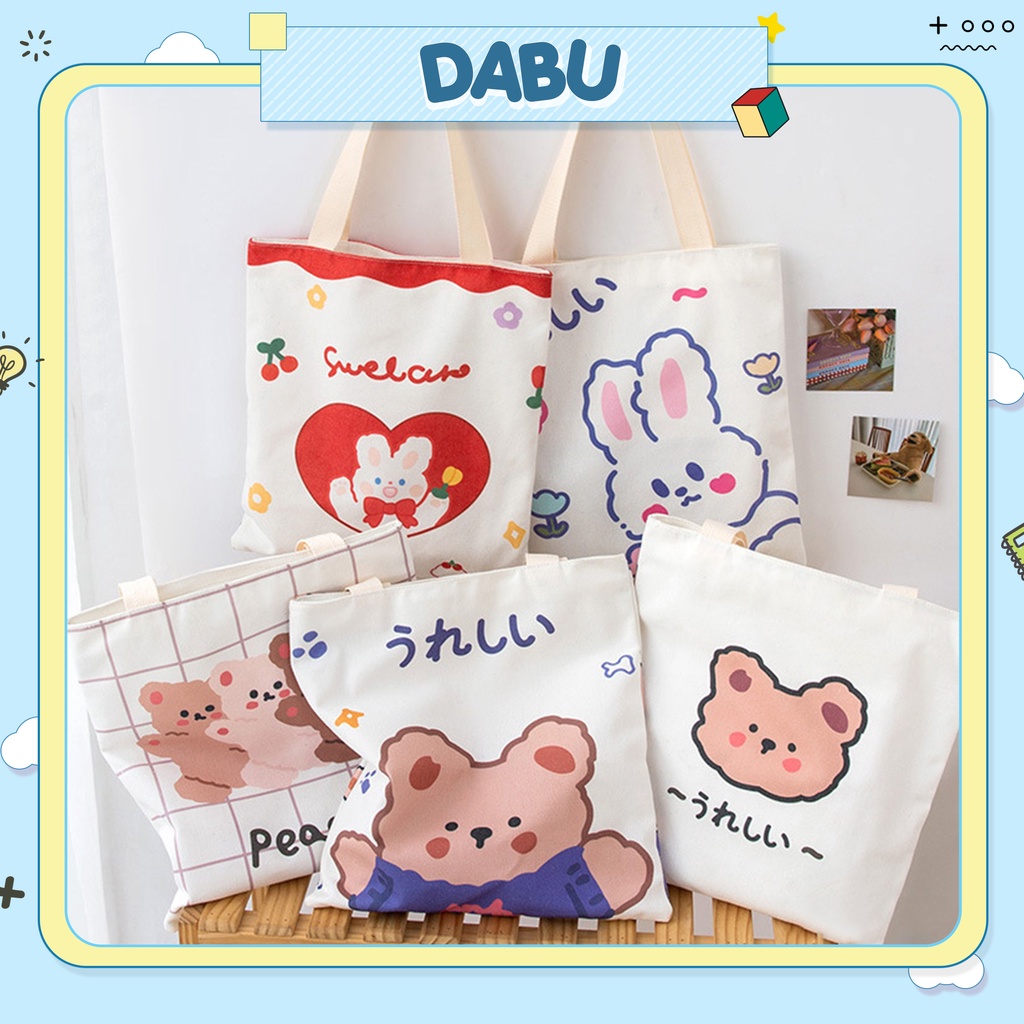 Túi tote gấu thỏ DABU dễ thương size lớn 36 x 34.5 cm dây dài 20 cm đựng vừa A4