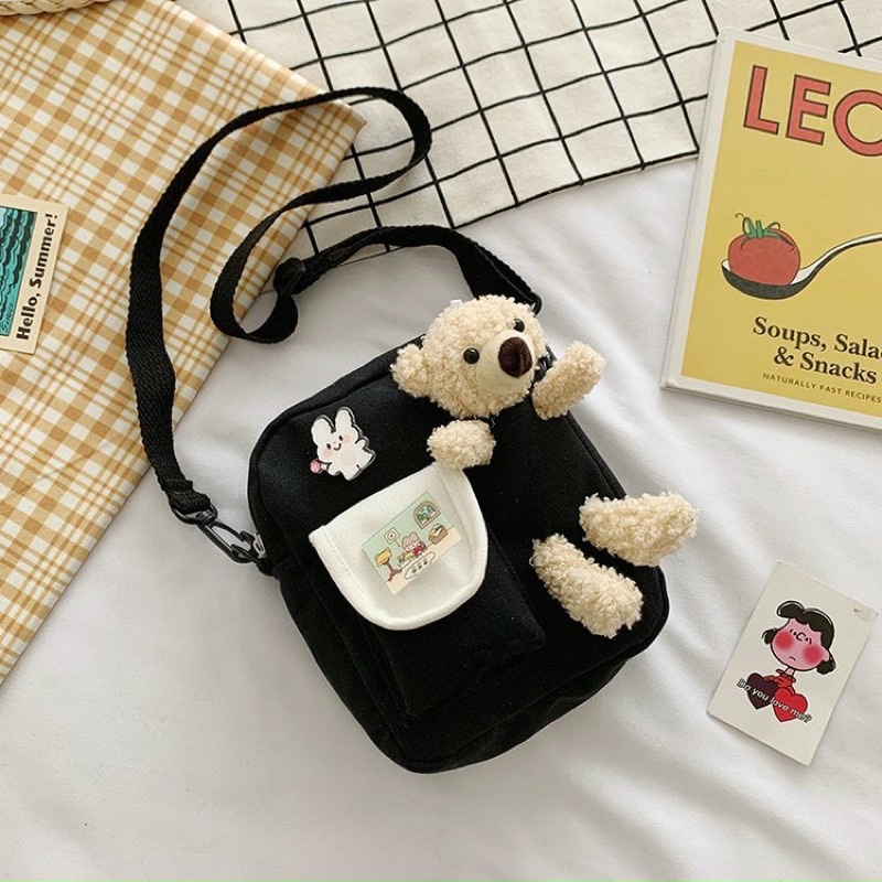 Túi vải dù đeo chéo đáng yêu có gấu teddy nổi( hàng quảng châu loại 1)