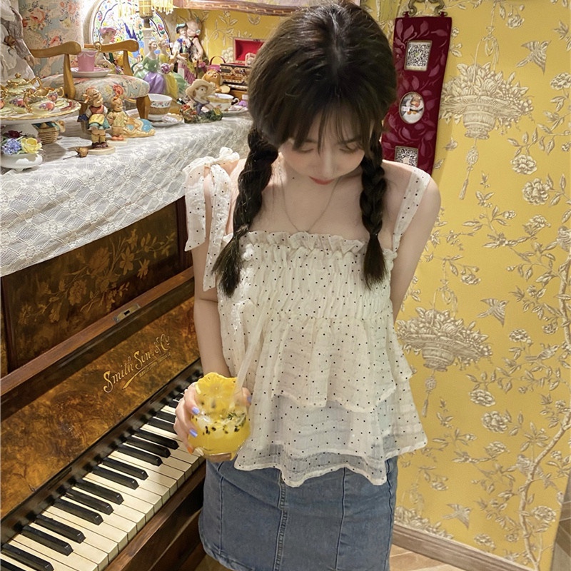 Áo Lửng Không Tay Họa Tiết Chấm Bi Thời Trang Mùa Hè Quyến Rũ Cho Nữ