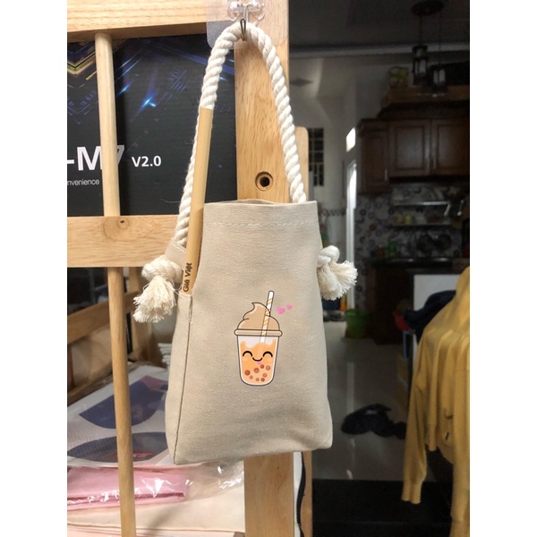 TÚI BÌNH NƯỚC, LY NƯỚC MÀU NUDE VẢI CANVAS IN HÌNH BOTTLE BAG, CUP BAG