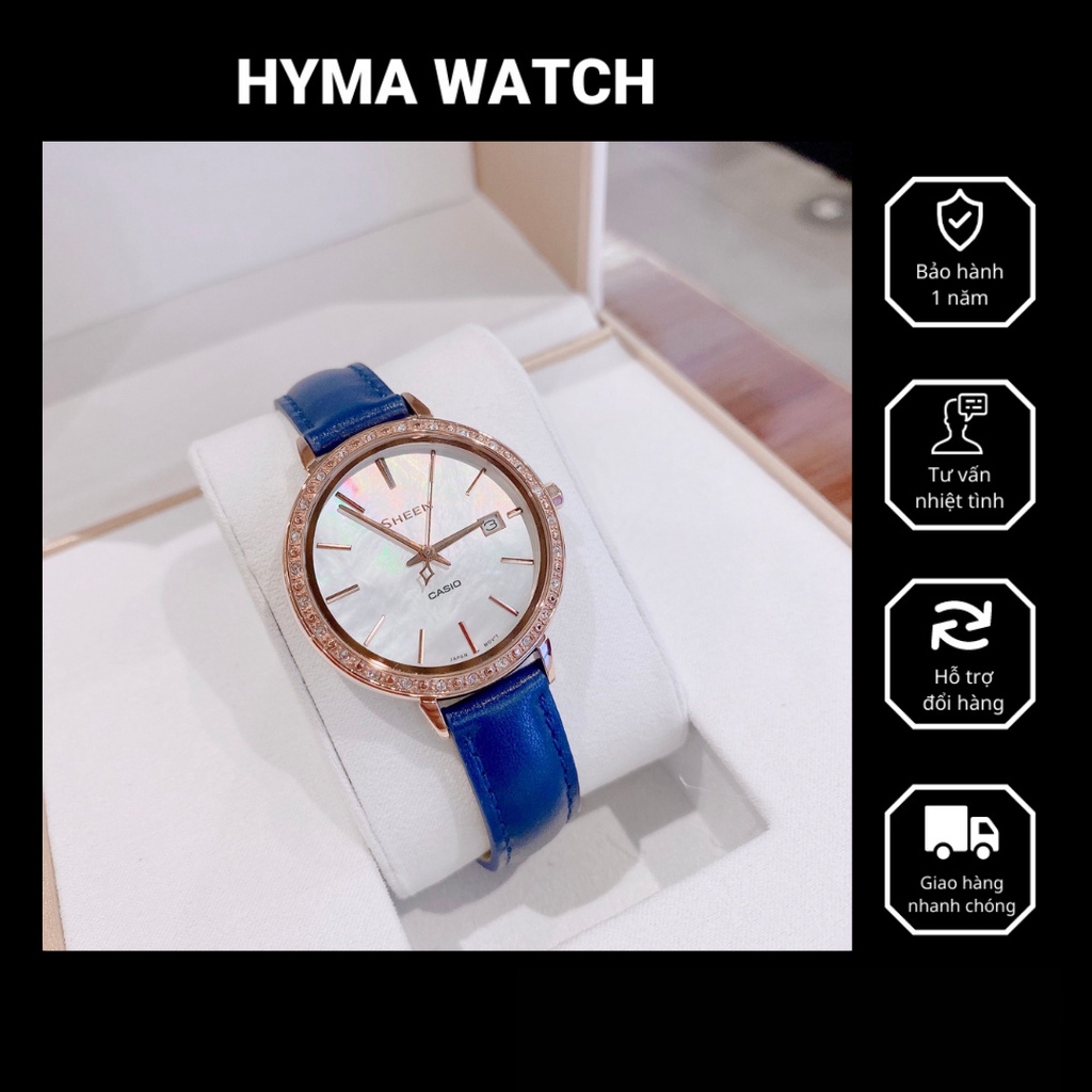 Đồng hồ nữ đẹp 2021 Casio SHEEN She 4052PGL-7AVDF Dây da xanh mặt trắng chống nước 50 mét Bảo hành 1 năm Hyma watch