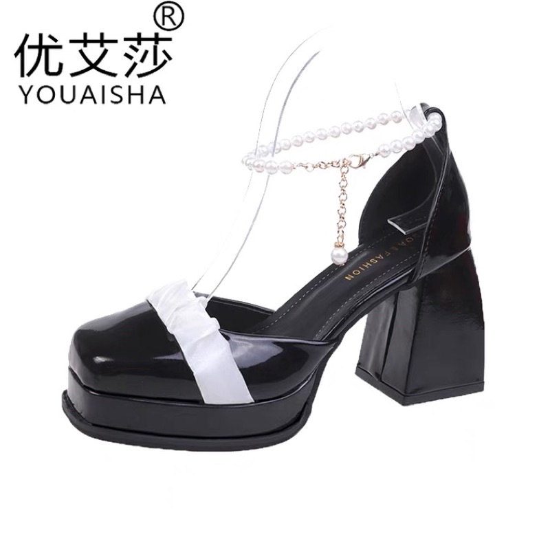 Giày cao gót nữ đế trụ phối quai ngọc xinh xắn