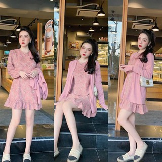 S505 Set Váy Hoa Nhí, Gồm một váy hoa nhí đuôi cá dài tay, phối áo khoác cadigan dáng dài