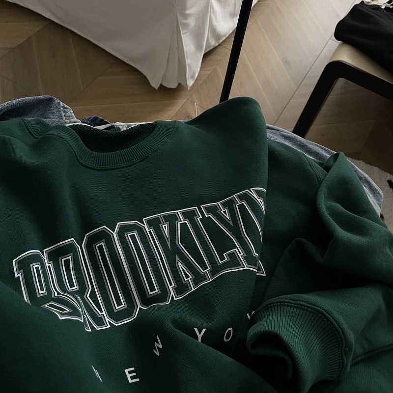 Áo Nỉ Sweater Cotton Oversize Dày Dặn Xanh Rêu Vintage Chữ BROOKLYN 𝘽𝙮.𝘾𝙖𝙢𝙘𝙖𝙢