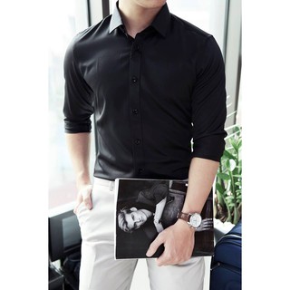 Áo sơ mi nam dài tay cotton lụa màu đen