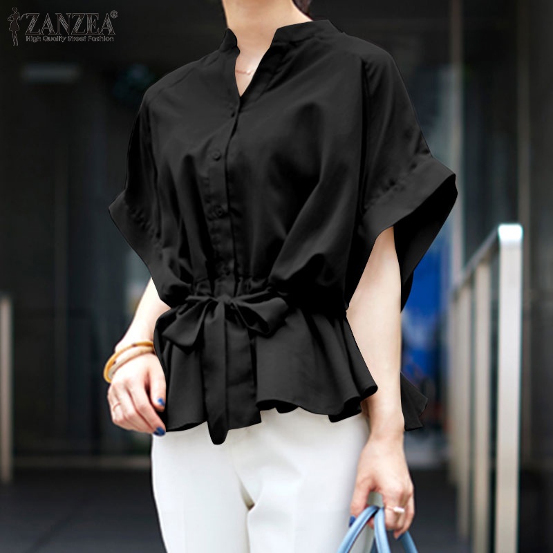 Áo ZANZEA tay ngắn cổ chữ v màu trơn thời trang cho nữ