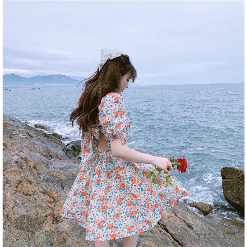 [order] Váy ngắn hoa hở lưng buộc nơ phong cách Hàn Quốc
