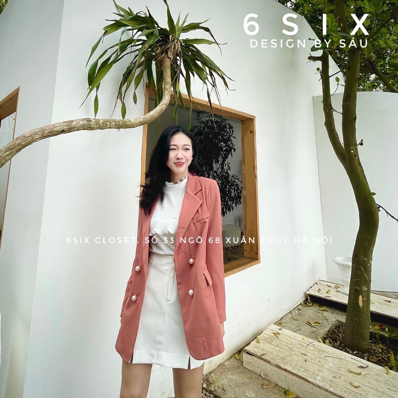 Áo Blazer nữ màu hồng đất cúc ngọc thời trang công sở 6SIX closet