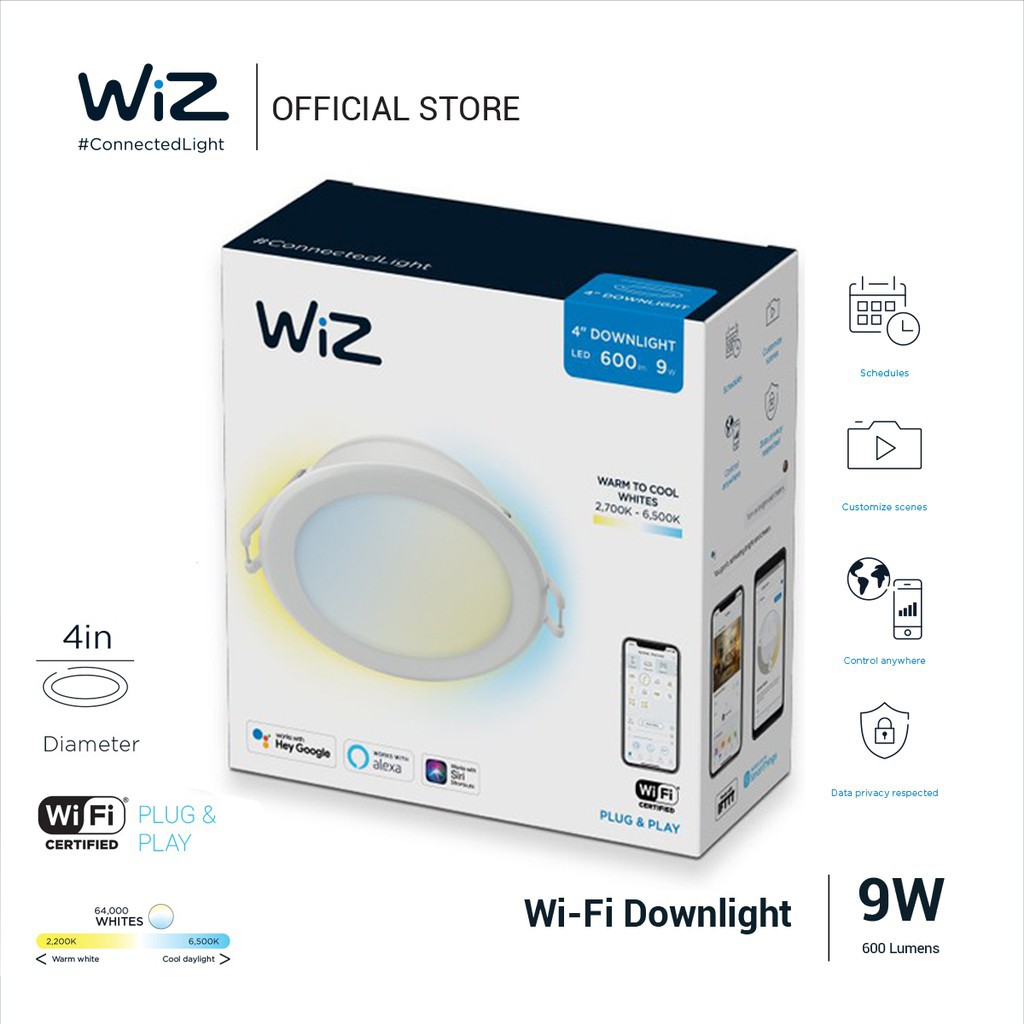 Đèn âm trần đổi màu WIZ Wi-Fi TW/9W RD4" D105/827-65 12/1CT