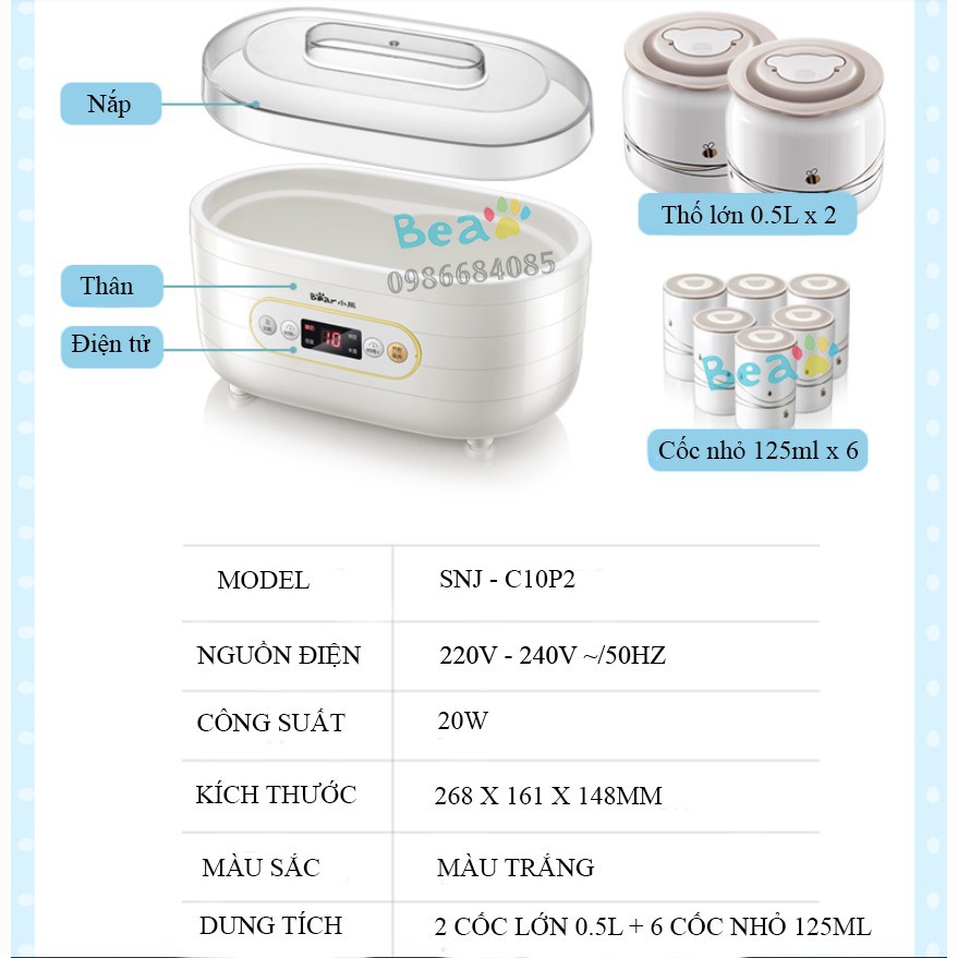 ✢✢✣Máy Làm Sữa Chua SNJ-C10P2 Bear - Hàng Chính Hãng