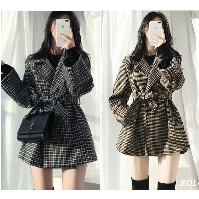 Áo khoác /Blazer dạ phong cách Hàn Quốc 2 lớp kèm đai (Ảnh thật)