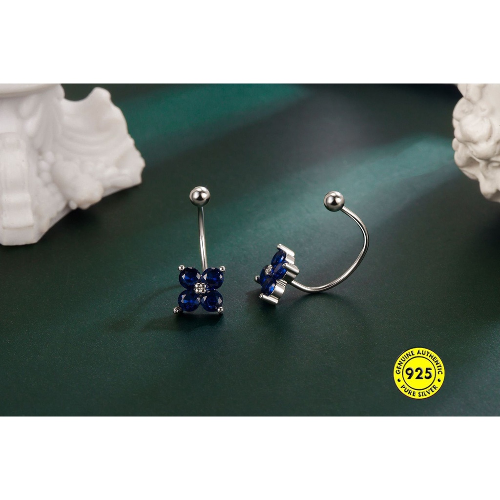 Bông Tai Hình Cỏ Bốn Lá Đính Đá Zircon Màu Xanh Dương AAA Chữ U Cho Nữ