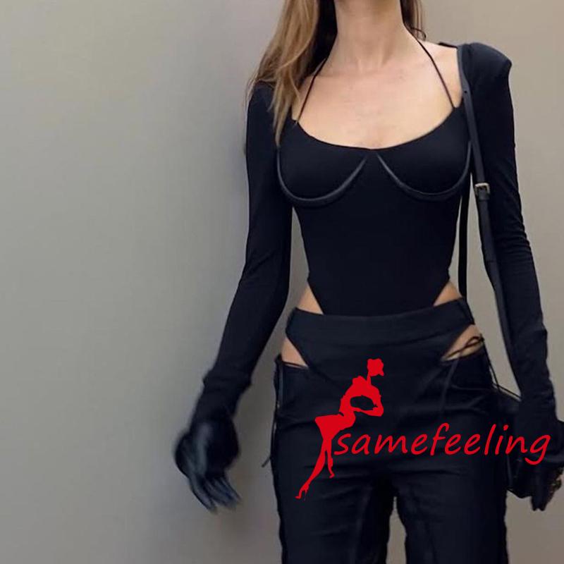Sf Bộ Áo Liền Quần Tay Dài Cổ Khoét Sâu Màu Trơn Thời Trang Mùa Thu Cho Nữ
