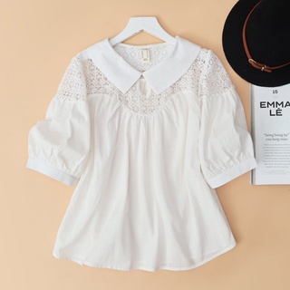 Áo Lace Shirt Linen KACHISA phối ren lưới màu trắng