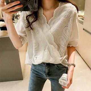 👗👗 áo sơ mi nữ cổ chữ v phối ren plus size phong cách hàn quốc