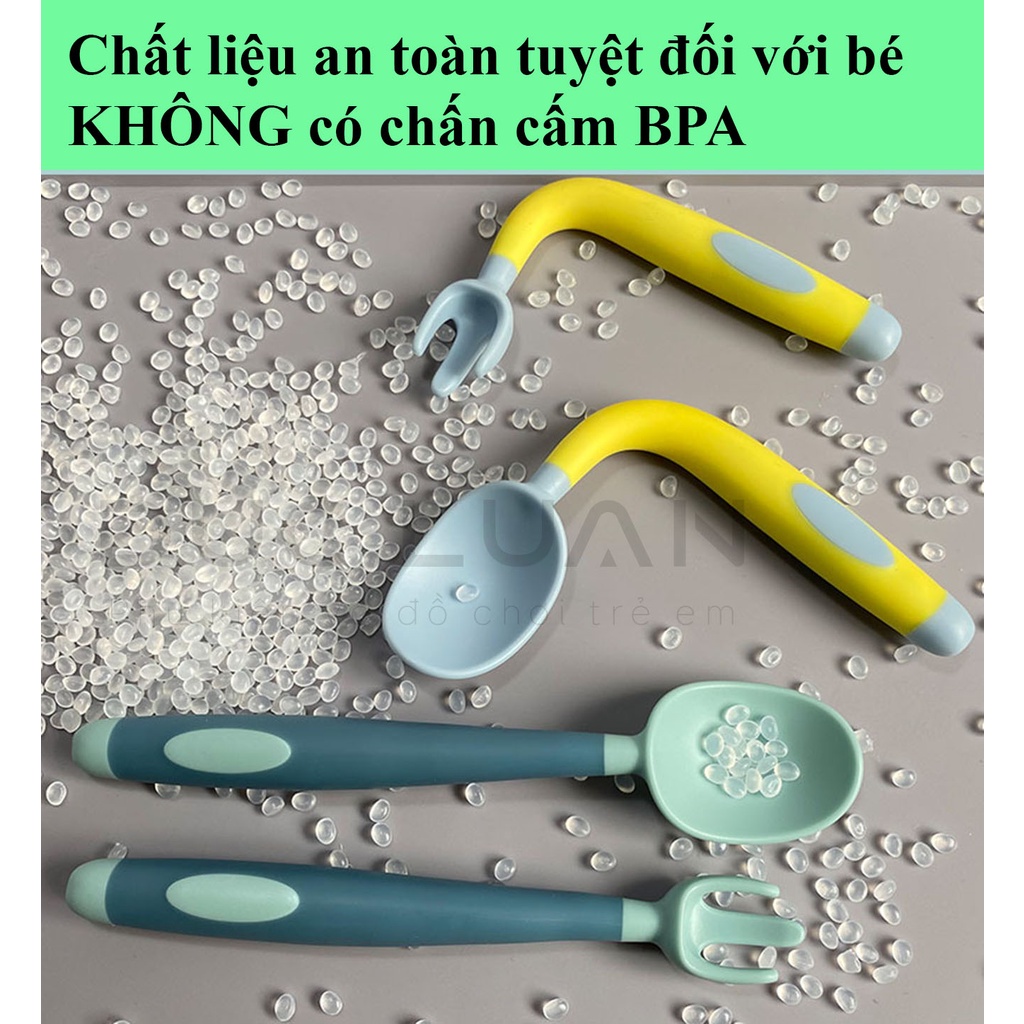 Thìa nĩa cho bé tập ăn xoay 360 độ - Bộ thìa dĩa tay cầm uốn cong cho bé tập xúc ăn dặm