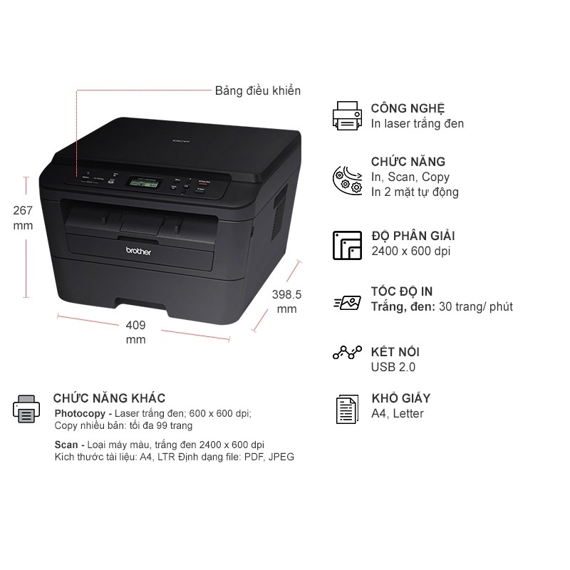 Máy in Laser trắng đen Brother DCP-L2520D. In, Scan, Copy. Tốc độ 30 trang/ phút. Bảo hàng chính hãng.