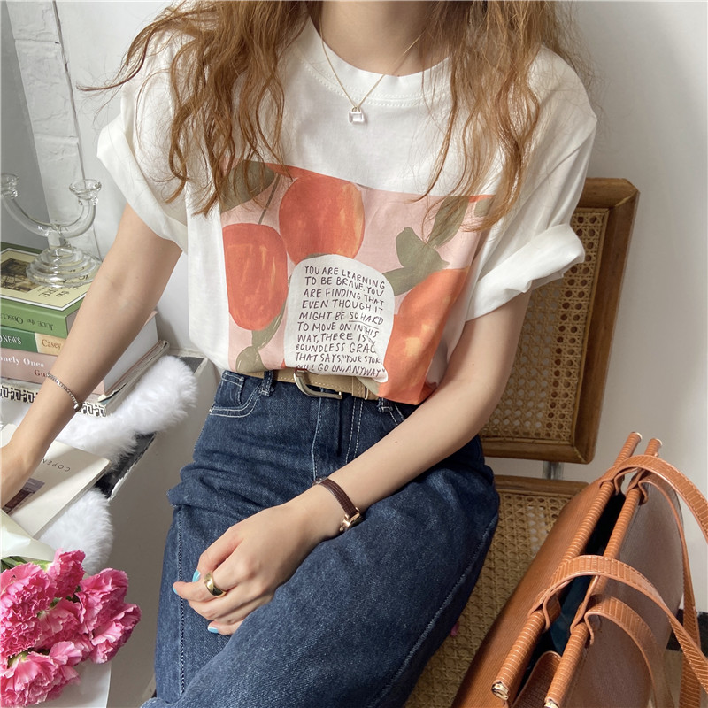 Xiaozhainv Áo Thun Ngắn Tay Form Rộng In Họa Tiết 2 Màu Thời Trang Dành Cho Nữ