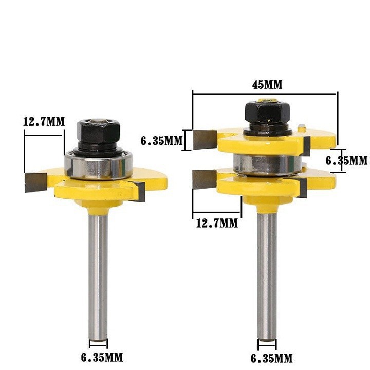 Bộ 2 mũi dao phay ghép mộng ván âm dương cốt 6.35mm - Mủi lưỡi soi máy phay gỗ router cầm tay