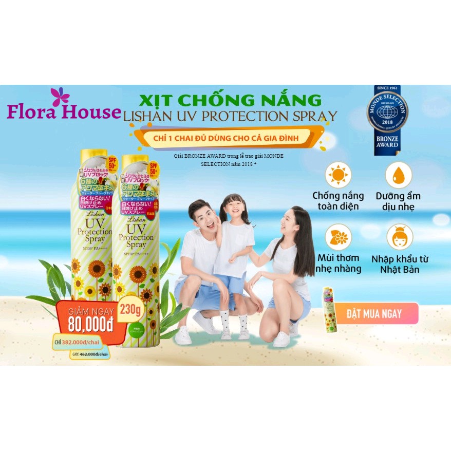 (Chuẩn Aut) Xịt Khoáng Chống Nắng Lishan UV Protection Spray Nhật Bản SPF 50+ PA++++ 230g | BigBuy360 - bigbuy360.vn