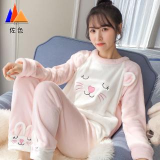 Bộ đồ ngủ tay dài chất liệu lông ấm áp dễ thương cho nữ