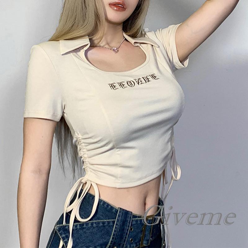 Áo Thun Croptop Cổ Bẻ Tay Ngắn Thêu Chữ Phối Dây Rút Thời Trang Mùa Hè Cho Nữ
