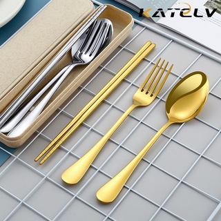 Set đôi đũa muỗng nĩa KATELV 3 trong 1 thép không gỉ tiện lợi