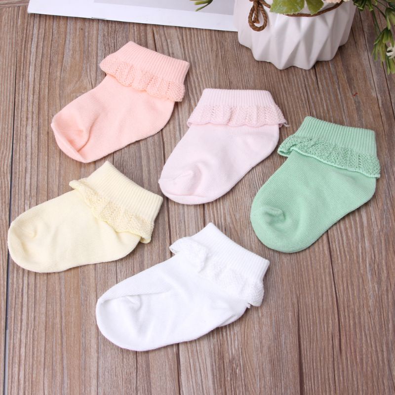 Bộ 5 đôi vớ cotton xếp nếp phối ren thoáng khí kiểu công chúa xinh xắn cho bé gái
