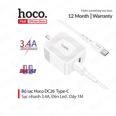 Bộ sạc 3.4A Hoco DC26 chân dẹt gập gọn 2 cổng Usb kèm dây sạc dài 1M cho Smartphone/ip